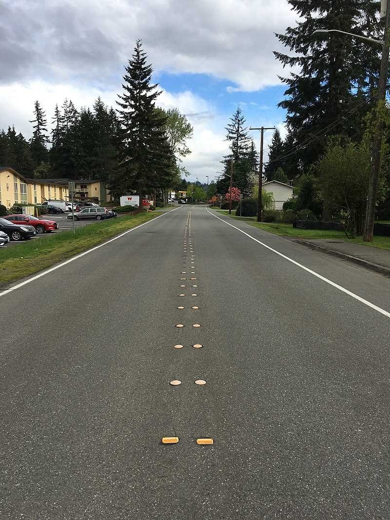 خط نقطه‌چین زردرنگ دو سویه بر روی جاده در ایالات متحده